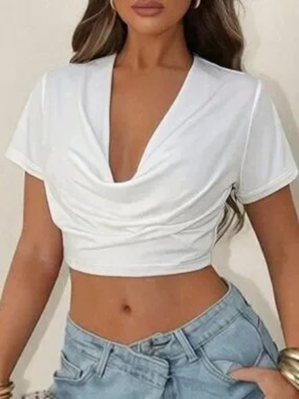 ZARA White Casual Women's Deep V-Neck Crop Top, Elegant And Goin Out